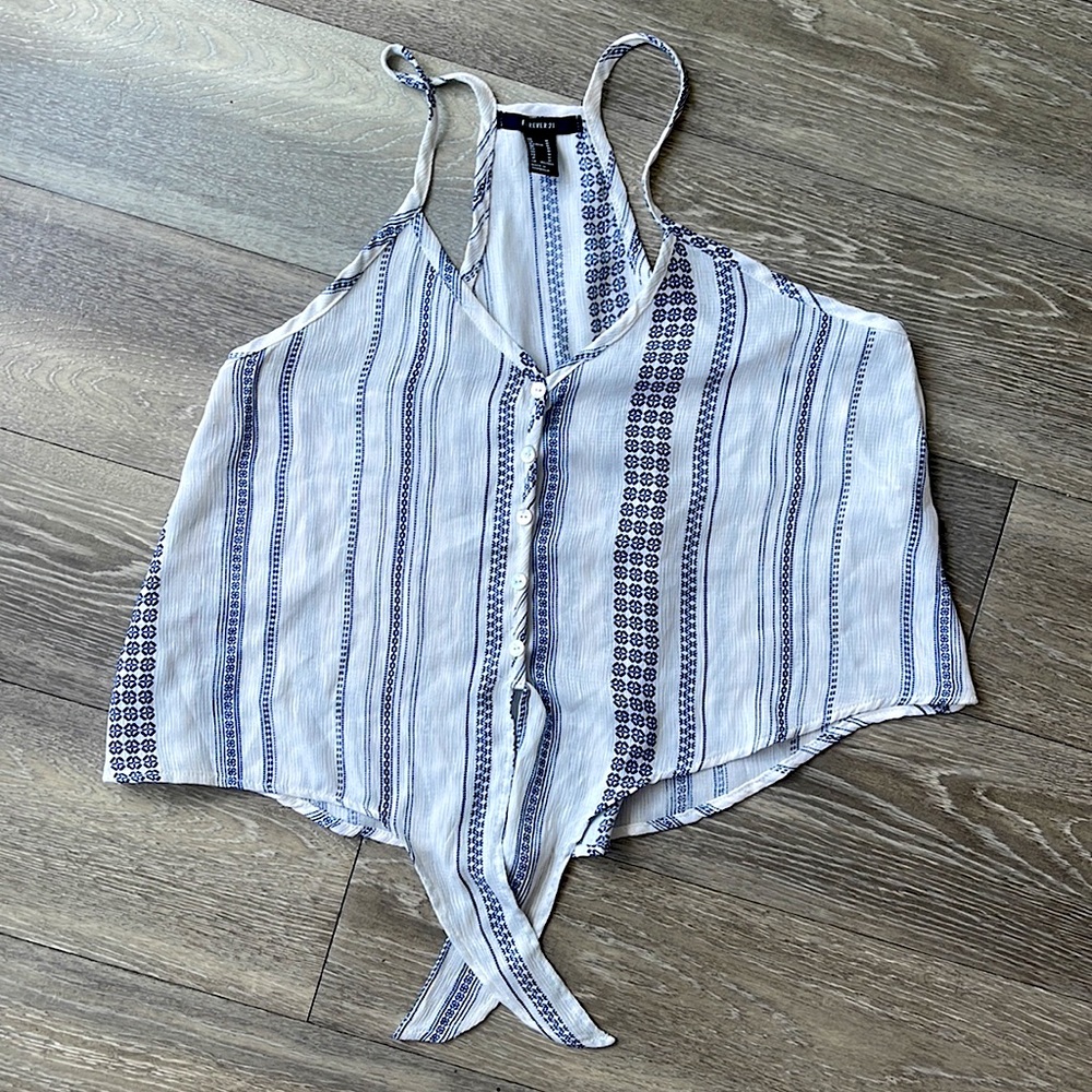 FOREVER21 blue and white sleeveless top with knot tie on bottom, size medium